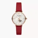 Emporio Armani Gianni T-Bar Mother of Pearl White Dial Red Leather Strap Watch For Women - AR60048